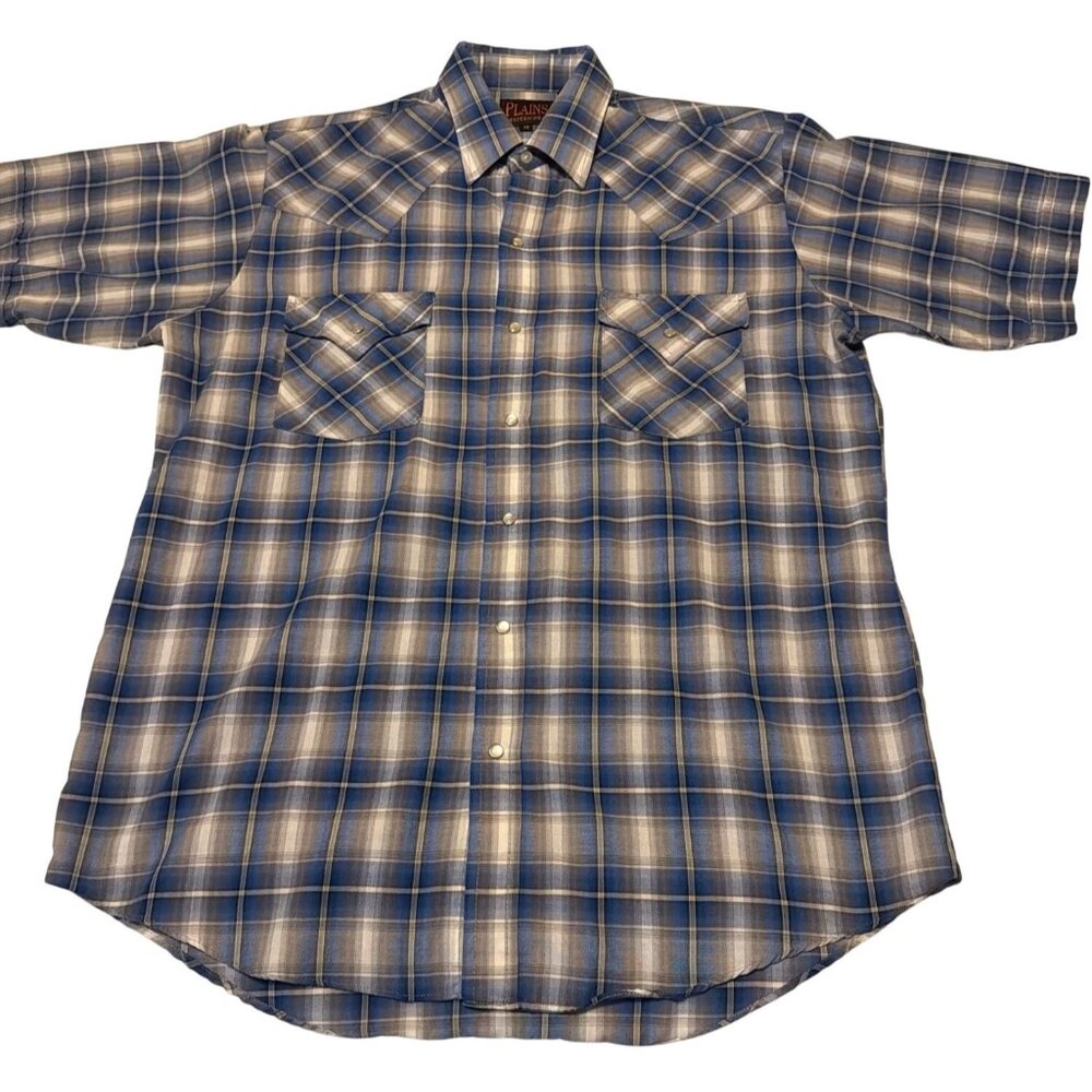 Plains Western Wear Blue Gray Plaid Pearl Snap Closure Shirt Men's Size M (READ)